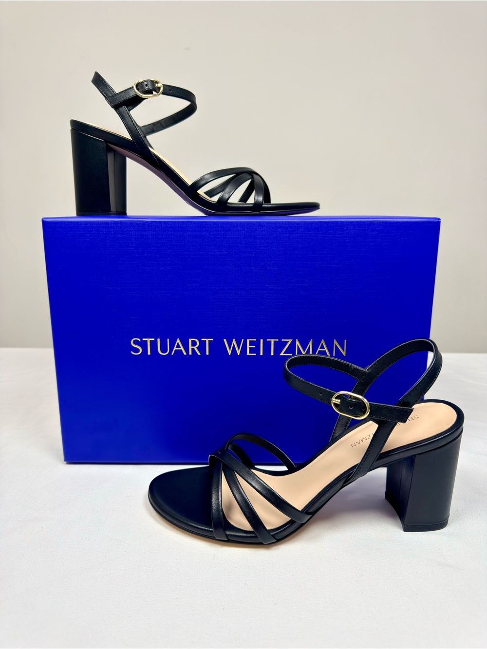 Stuart Weitzman 75MM Starla Leather Block Heel Sandals - Black Size 6.5